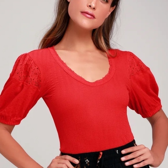 Free People XS St James Red Puff Sleeve Tee top blouse - Picture 5 of 13